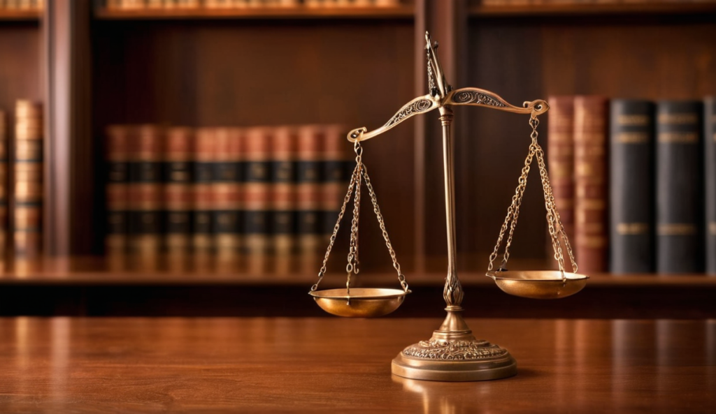 A bronze scales of justice statue on a desk, representing the firm other practice areas.