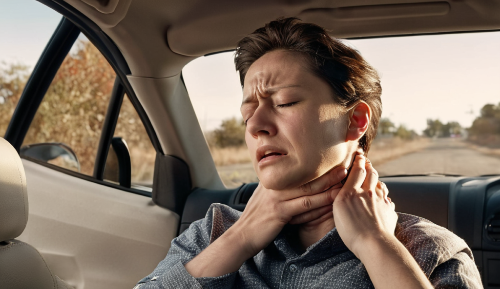 A person holding their neck in pain while sitting in a car after a collision.