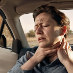A person holding their neck in pain while sitting in a car after a collision.