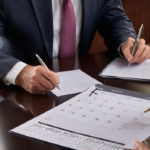 An attorney and client reviewing a calendar together to discuss the timeline for settling a car accident claim.