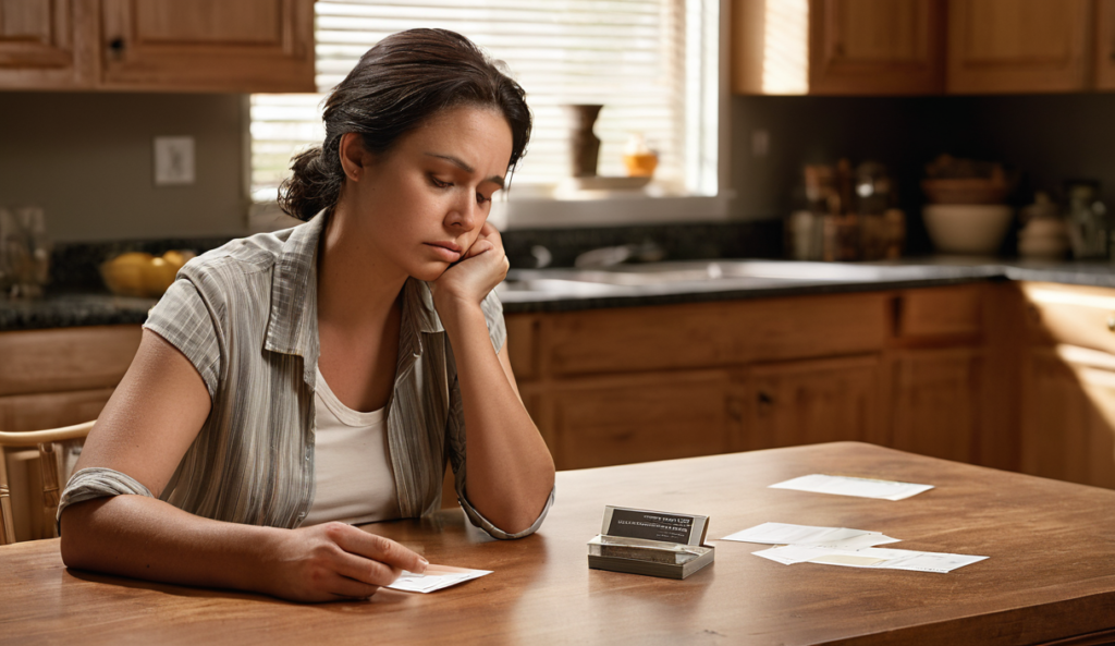 A person thoughtfully weighing a settlement check and an attorney business card at home.