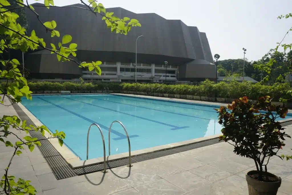 An outdoor swimming pool, illustrating a swimming pool drowning accident hazard